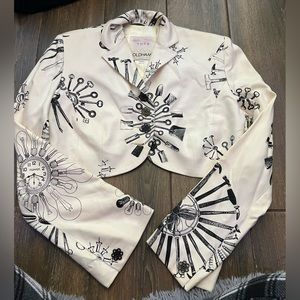 Todd Oldham 1980s Cream and Black Silk Tool Print Crop Jacket petite
